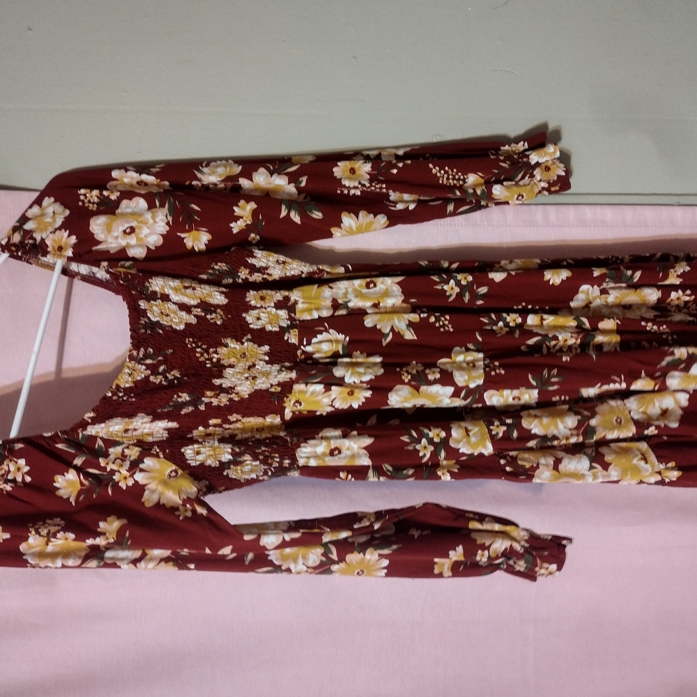 Source Unknown Floral Long Sleeve Dress - Burgundy and Yellow